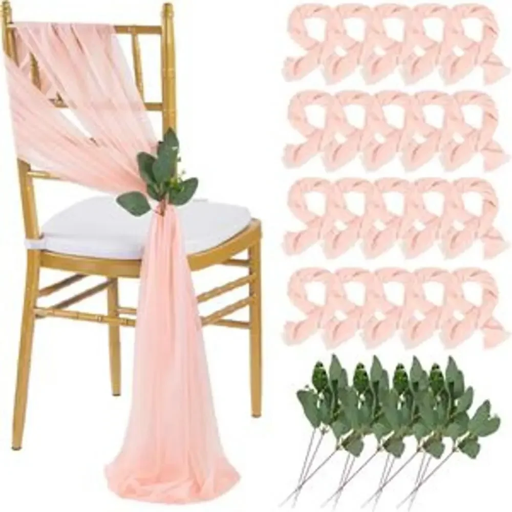New 16 Pc Blush Pink Chiffon Chair Sash Set Wedding Decor Eucalyptus Ribbon